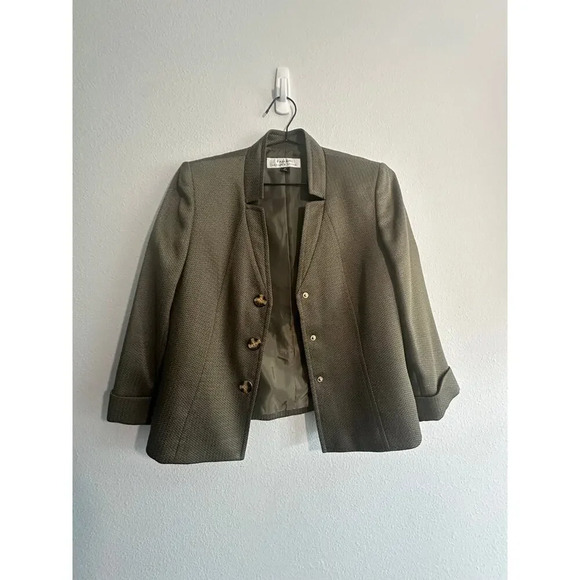 Tahari Arthur S Levine Womens Blazer Jacket Olive Green Three Button Textured - Picture 10 of 16